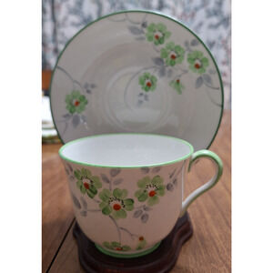 Vintage TFS Ltd. Phoenix Bone China Tea Cup & Saucer Floral Green Blue